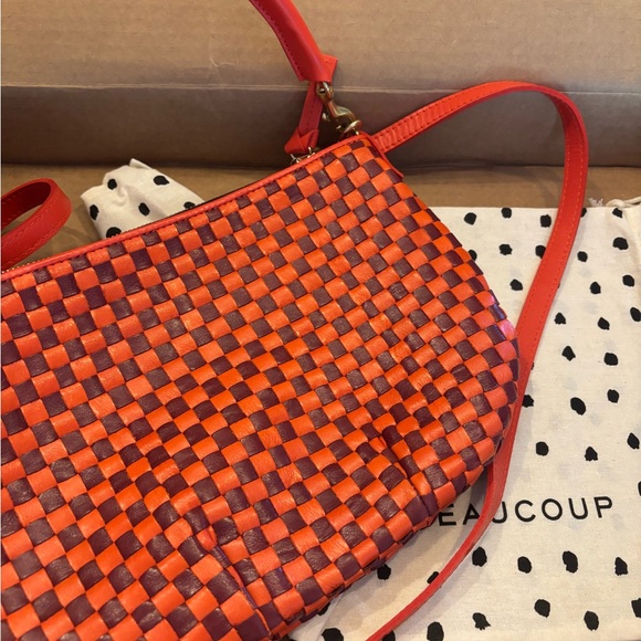 Clare V. Petite Moyen Bright Poppy and Bordeaux Woven Checker Bag - Picture 5 of 16